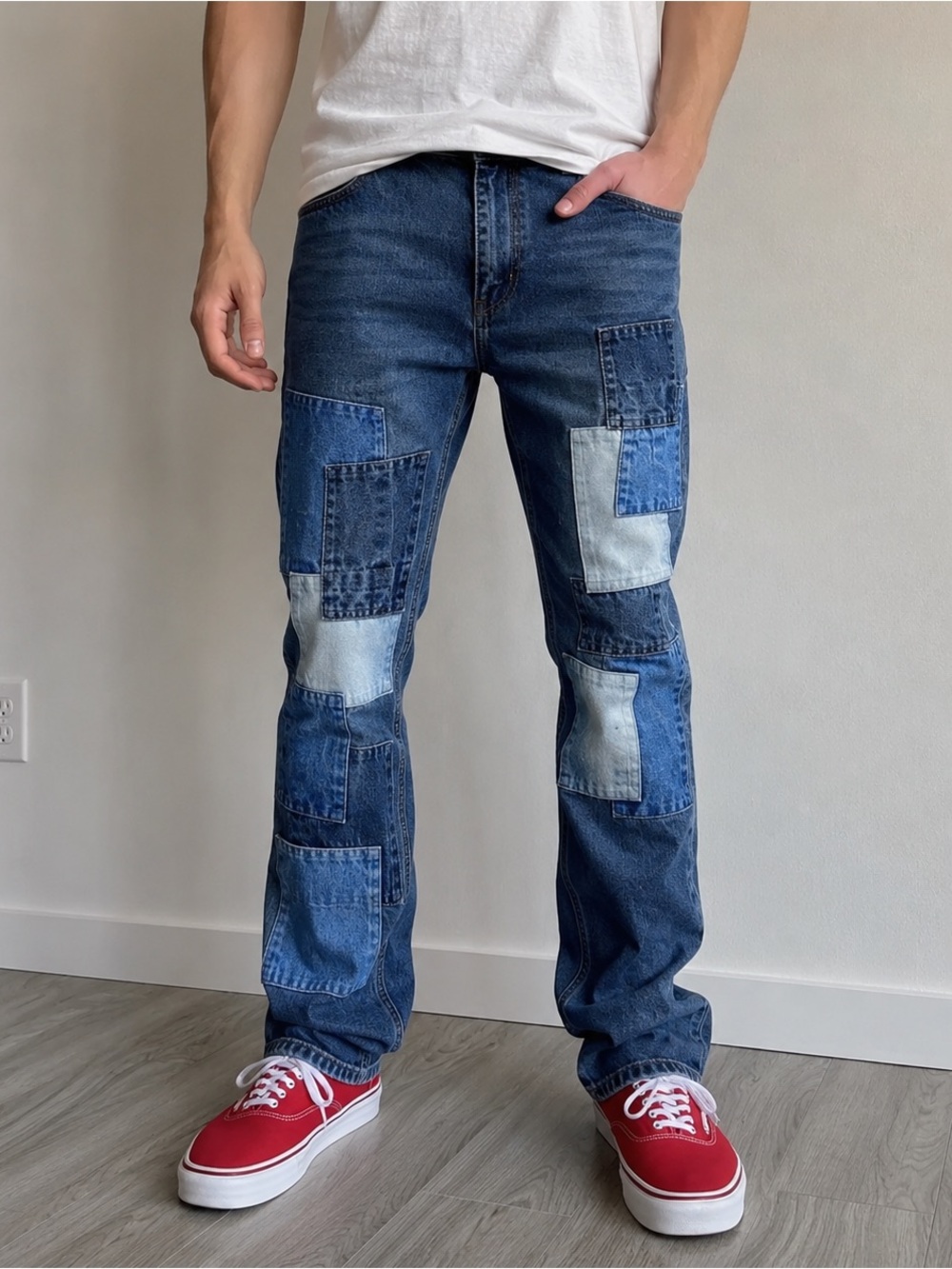 Sun + Stone Patchwork Denim Jeans Mens 29 Blue Distressed Relaxed Fit